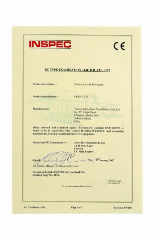 Mesh Visor CE Certificate certificate from Yulong Safety Tools Manufacture Corp., Ltd.