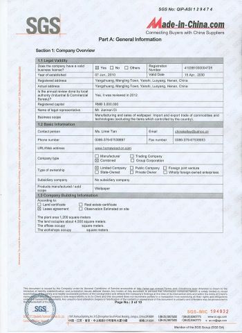 SGS certificate from YANGZHOU EASTSHOW DECORATIVE MATERIAL CO., LTD.