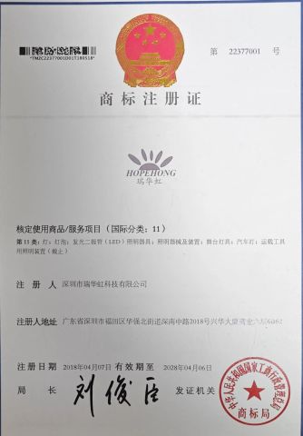 Trademark certificate from Shenzhen Hopesun Solar Technology Co., Ltd
