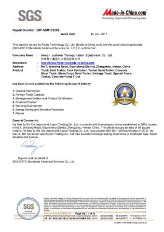 SGS certificate certificate of Henan Jushixin Transportation Equipment Co., Ltd. – certificate photo, supplier certificates section