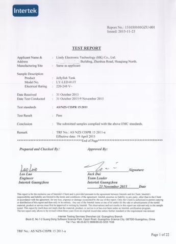 Intertek certified 01 certificate from Hongkong Lindy Industries Company Limited