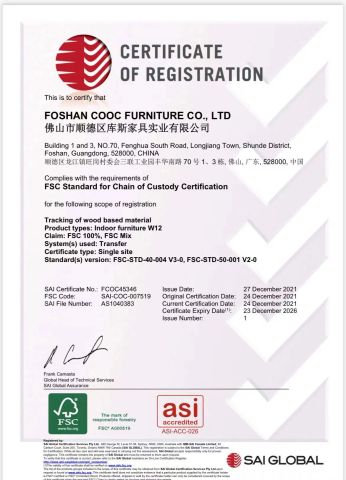 FSC certificate of Foshan COOC International Co., Ltd. – certificate photo, supplier certificates section