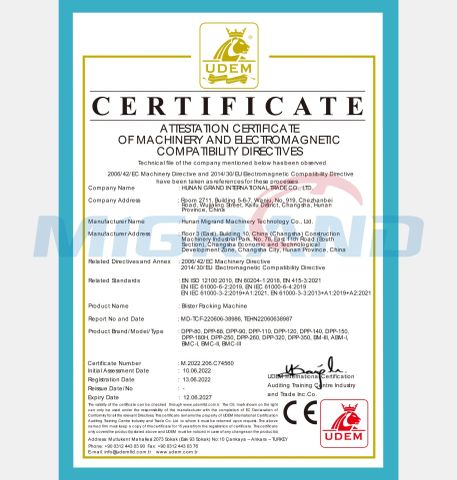 blister packing machine CE certification certificate of Hunan Migrand Machinery Technology Co., Ltd. – certificate photo, supplier certificates section