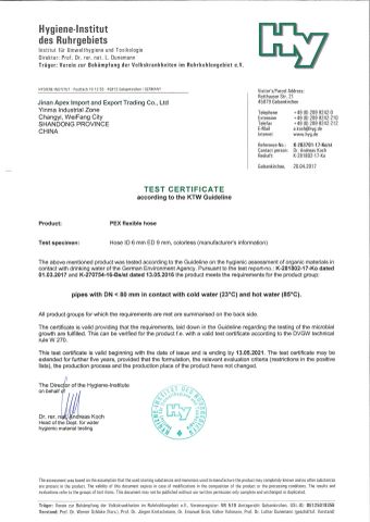 Hvgiene-Institut des Ruhrgebiets certificate from Jinan Apex Import and Export Trading Co., Ltd