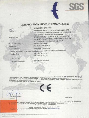 Sliding Gate Operator BS-IZ(EMC of CE) certificate from BISEN SMART ACCESS CO., LTD.