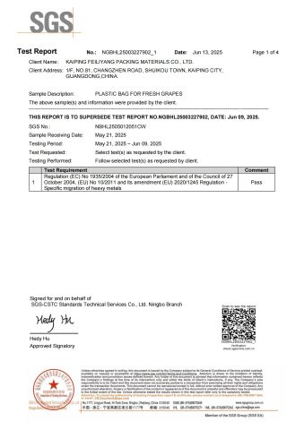 Pouch bag Food grade certificate from KAIPING FEILIYANG PACKING MATERIALS CO., LTD.