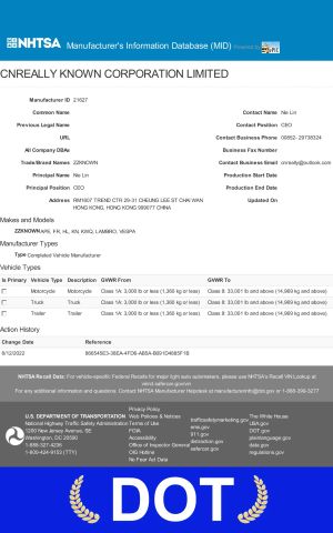 DOT certificate from Renote (Shandong) Automobile Industry Co., Ltd.