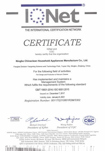 IQNET-CERTIFICATION certificate of NingBo ChinaClean Household Appliances Manufacture Co., Ltd. – certificate photo, supplier certificates section