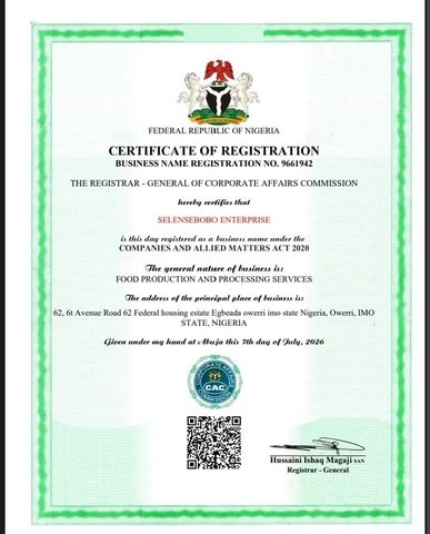 Corporate Affairs Commission certificate from Selensebobo Enterprise