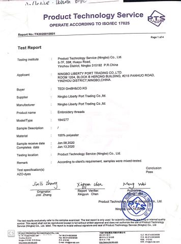 test report certificate from Ningbo Liberty Port Textile Co., Ltd.