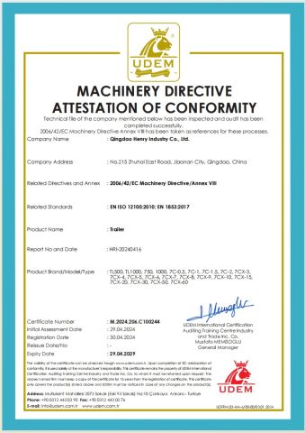 Trailer CE certificate from Qingdao Henry Industry Co., Ltd.