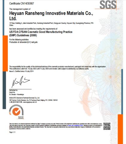 GMP certificate from Heyuan Ransheng Innovative Materials Co., Ltd.