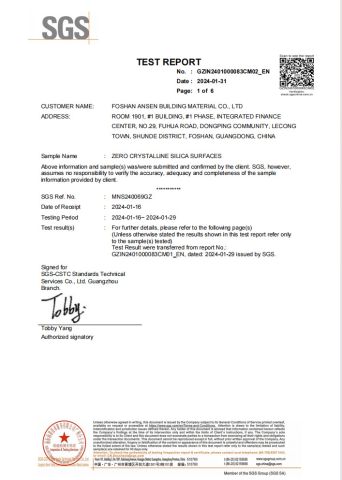 SGS certificate of zero silicon quartz stone certificate from Foshan Ansheng Building Material Co., Ltd.
