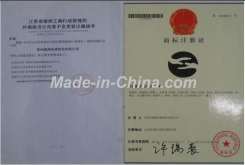 Trademark certificate from Taizhou Yuehai Manufacturing Co., Ltd.