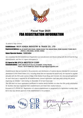 FDA certificate from Wuyi Kinda Industry & Trade Co., Ltd