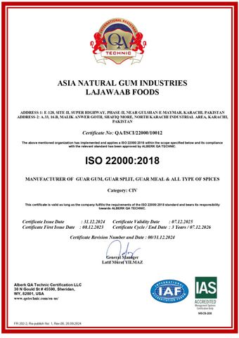 ISO 22000:2018 Food Safety Management System (FSMS) certificate from ANGI