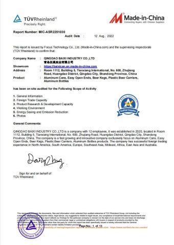 TUV Certification certificate from QINGDAO BAIXI INDUSTRY CO., LTD.
