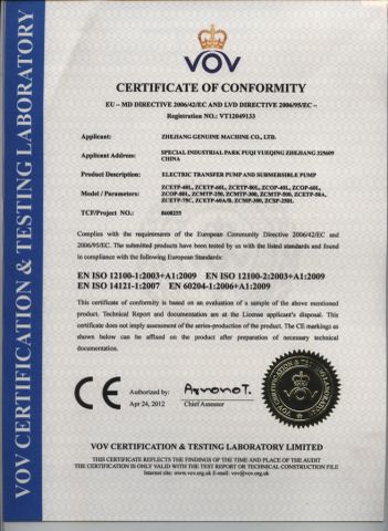 CE for Electric Transfer Pump certificate from Zhejiang Genuine Machine Co., Ltd.