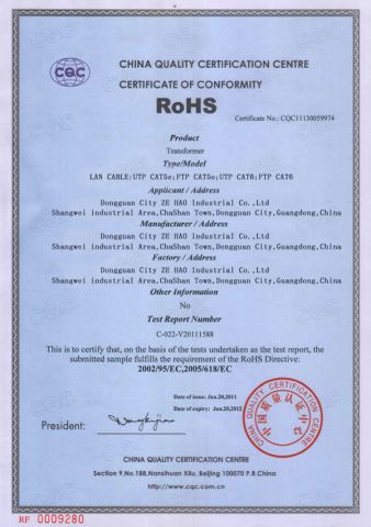 RoHS certificate from Dongguan Phynam Comtech Co., Ltd.