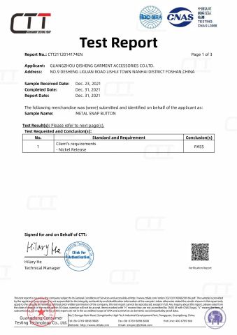 Nickel free test report certificate from Guangzhou Qisheng Garment Accessories Co., Ltd.