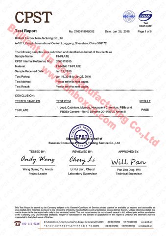 RoHS Certificate of Tinplate certificate from Brilliant Tin Box Manufacturing Co., Ltd.