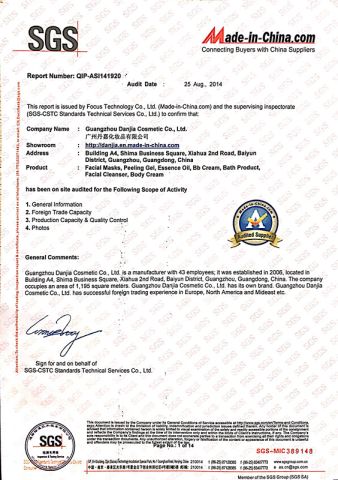SGS certificate from Guangzhou Danjia Cosmetics Co., Ltd.