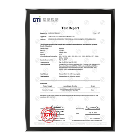 ROHS certificate of ZHEJIANG DELI CONNECTORS CO., LTD. – certificate photo, supplier certificates section