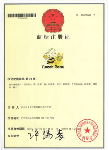 Registration of Trade Mark certificate of Shantou Sweet Road Industry and Trading Co., Ltd. – certificate photo, supplier certificates section