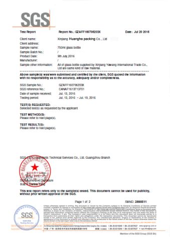 750ml super flint glass bottle SGS report certificate from Xinjiang Huanghe Packing Co., Ltd.