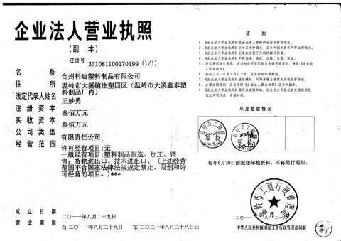 Business license certificate from Taizhou Kedi Plastic Co., Ltd.