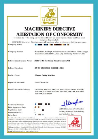 CE-Plasma cutting machine certificate of Shandong Fast CNC Machinery Co., Ltd – certificate photo, supplier certificates section