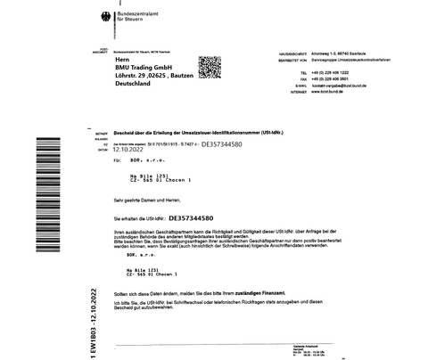 VAT  certificate from BMU TRADING GMBH