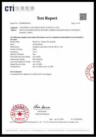 plush toy certificate for US certificate of Yangzhou Lucky Bear Craft & Gifts Co., Ltd. – certificate photo, supplier certificates section