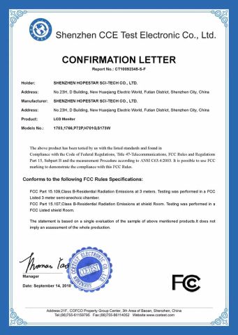 FCC of 17" LCD Monitor certificate from Shenzhen Hopestar Sci-Tech Co., Ltd.