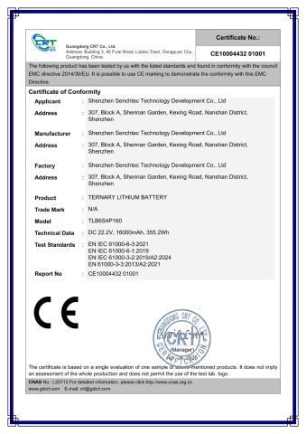 CE EMC Certificate - 16000mAh 6S Lithium Battery Pack certificate from Shenzhen Senchtec Technology Co., Ltd.