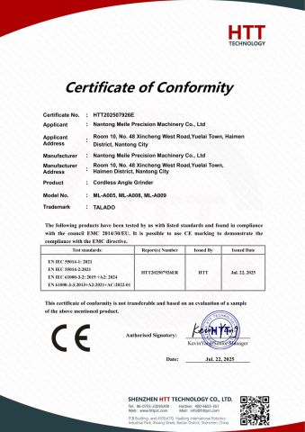 MEILE Angle Grinder EMC Certified certificate from Nantong Meile Precision Machinery Co., Ltd.