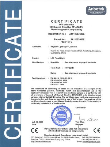 SD Floodlight EMC certificate from Rayborn Lighting Industry Co., Ltd.