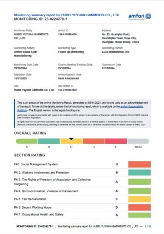 BSCI certificate from Hubei Yuyuan Garments Co., Ltd.