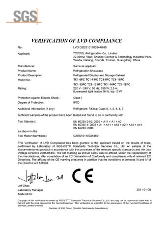 CE Certificate for coolers certificate from TCCOOL Refrigeration Co., Limited