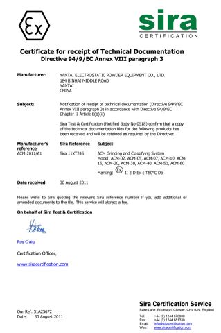 ATEX Certificate certificate from Dongsun Powder Processing Equipment Co., Ltd.
