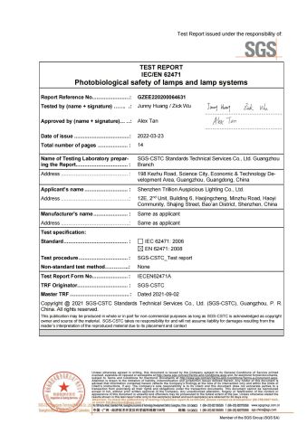 Product Inspection Report certificate from Shenzhen Trillion Auspicious Lighting Co., Ltd.