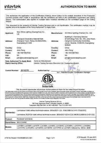 ETL for Recessed Luminaires certificate of New Shine Lighting (Guangzhou) Co., Ltd – certificate photo, supplier certificates section