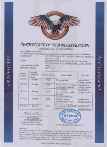 FDA certificate from Sky & Sea Optical MFY Co., Ltd.