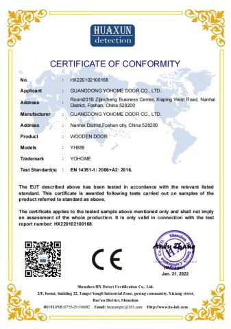 CE certificate from Guangdong Yohome Door Co., Ltd.