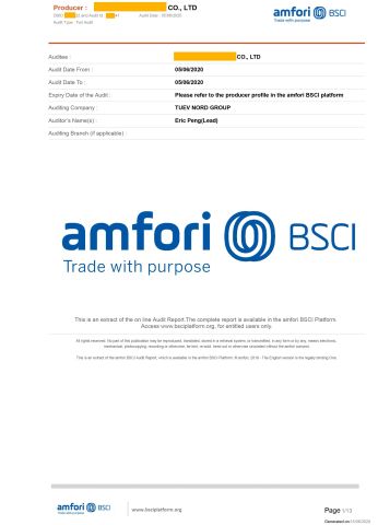 BSCI certificate from Xiamen Folover Import &Export Co., Ltd.