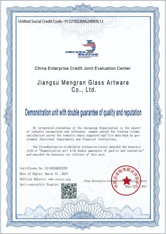 Demonstration unit with double guarantee of quality and reputation certificate from Jiangsu Mengran Glass Artware Co., Ltd.