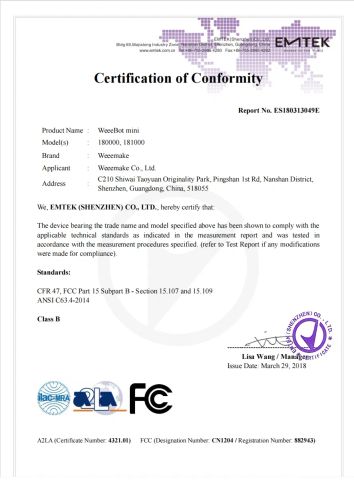 FCC certificate from Weeemake Steam Tech Co., Ltd.
