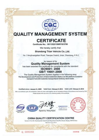 QUALITY MANAGEMENT SYSTEM certificate from Shandong Titan Vehicle Co., Ltd.