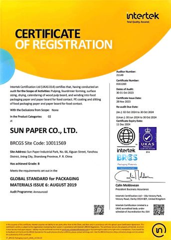 BRC certificate from Guangxi Progreen Packaging Co., Ltd.