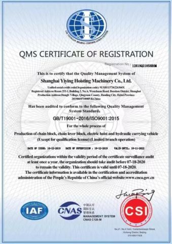 ISO9000 certificate from Shanghai Yiying Crane Machinery Co., Ltd.